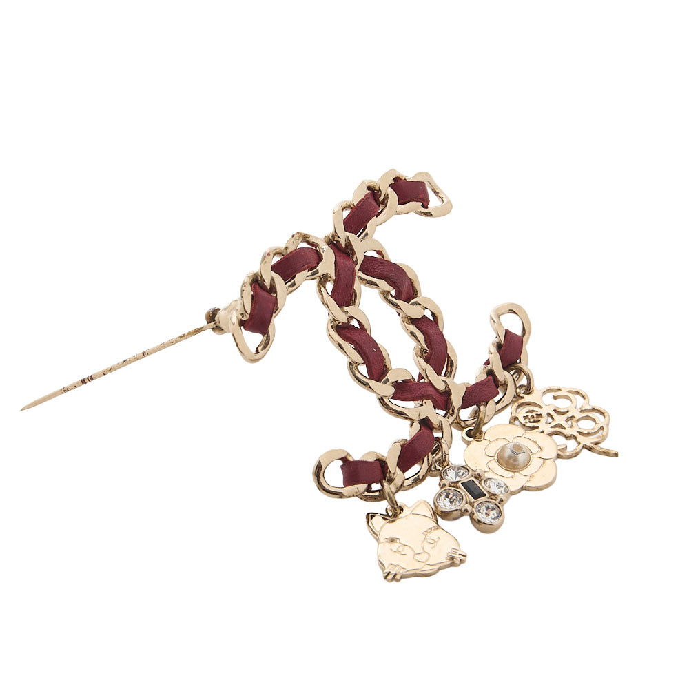 CHANEL Cocomark Icon B17B Brooch GP x Faux Pearl x  Leather Gold Plated Red Gold-Tone Hardware, Pre-Owned
