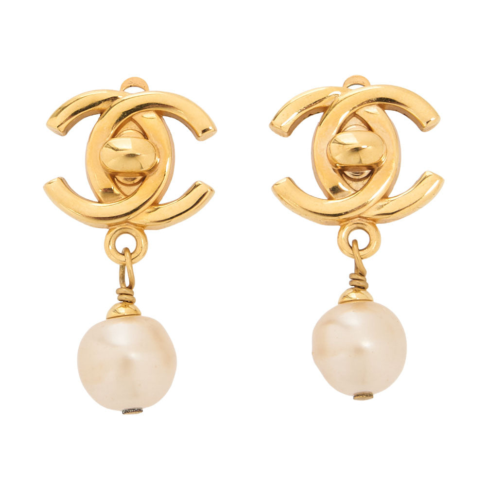 CHANEL Earrings Cocomark 96P GP x Faux Pearl Gold Gold Plated-Tone Hardware, Pre-Owned