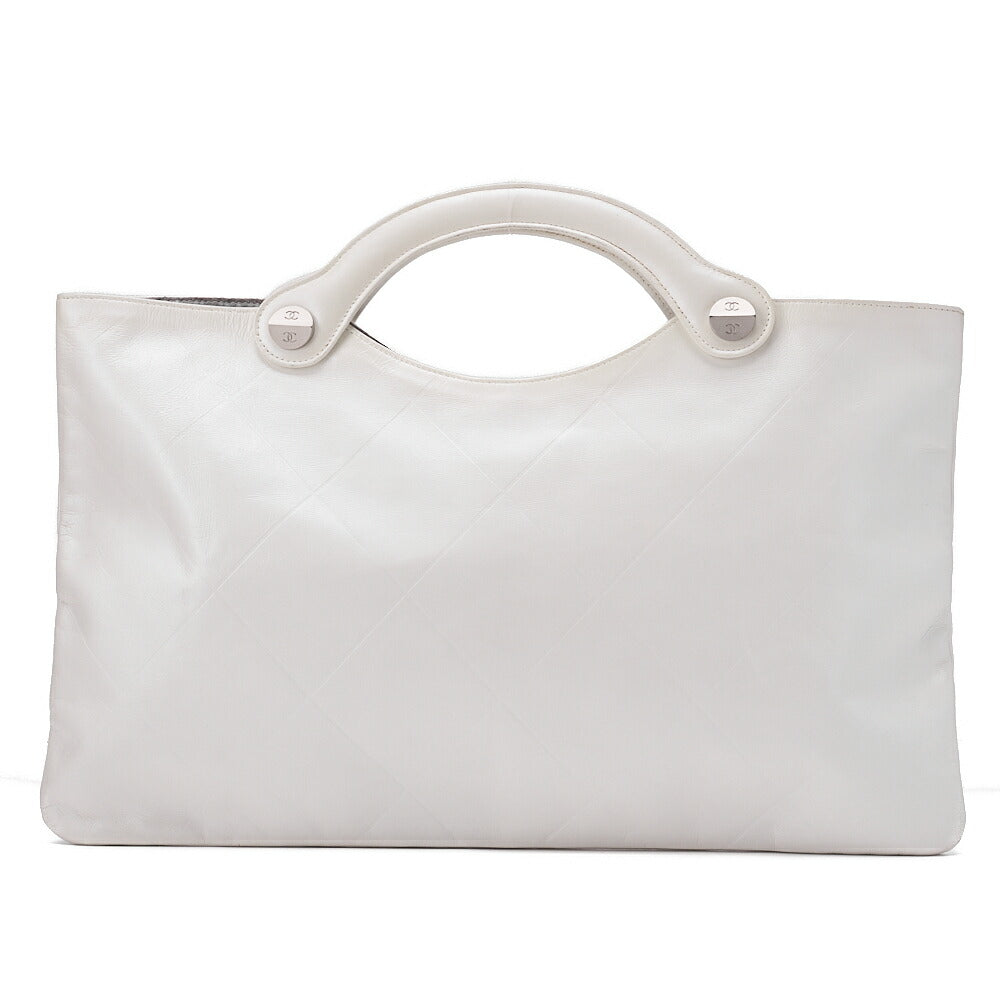 CHANEL Leather Matelasse Hand Coco Mark Fittings Party Bag Pearl White Silver-Tone Hardware, Pre-Owned