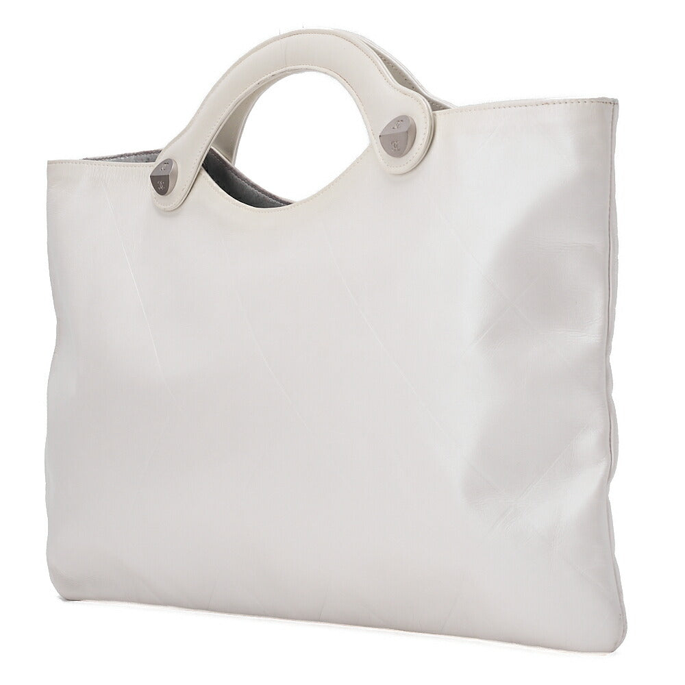 CHANEL Leather Matelasse Hand Coco Mark Fittings Party Bag Pearl White Silver-Tone Hardware, Pre-Owned