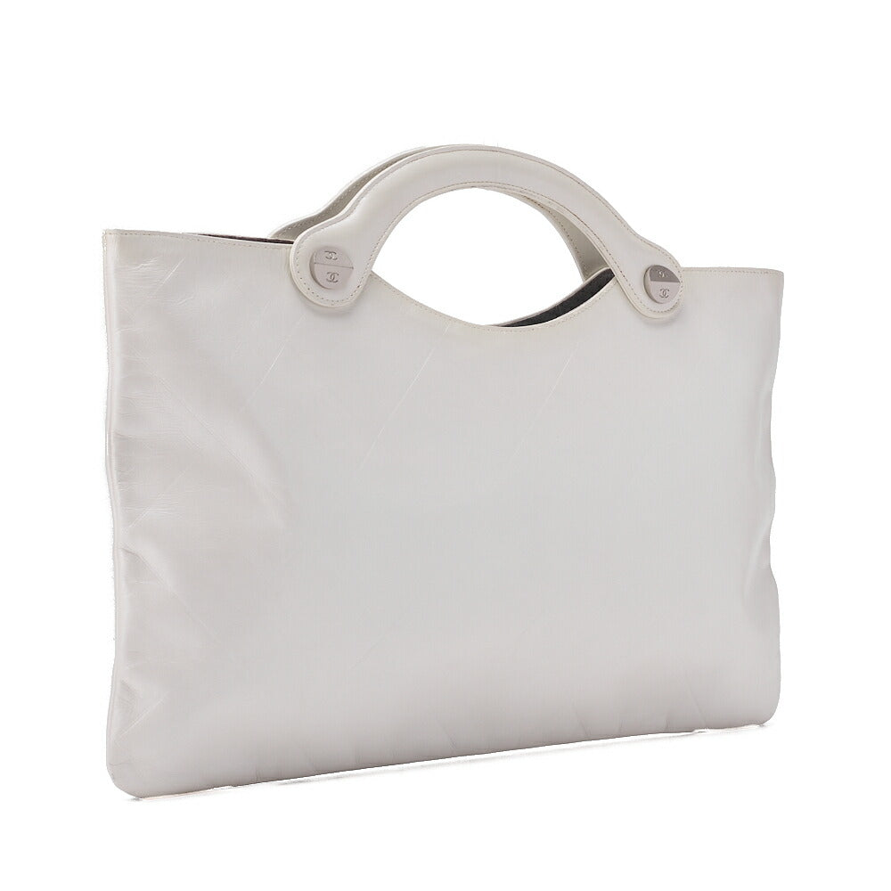 CHANEL Leather Matelasse Hand Coco Mark Fittings Party Bag Pearl White Silver-Tone Hardware, Pre-Owned