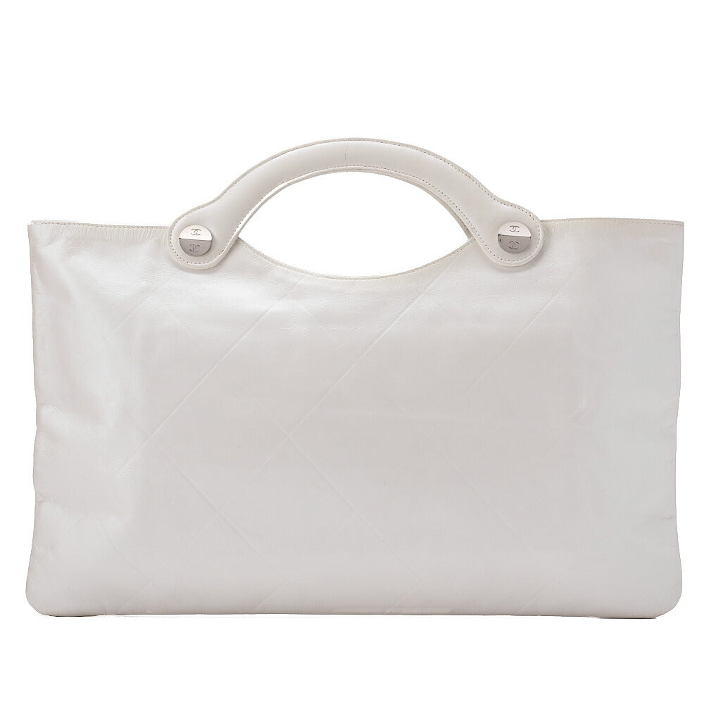 CHANEL Leather Matelasse Hand Coco Mark Fittings Party Bag Pearl White Silver-Tone Hardware, Pre-Owned