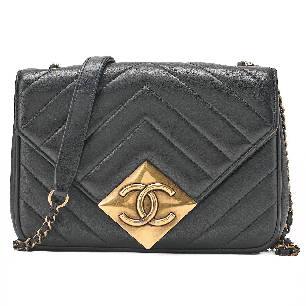 CHANEL Lambskin V-Stitch Chevron Diamond Coco Mark Chain Shoulder Black Gold-Tone Hardware, Pre-Owned