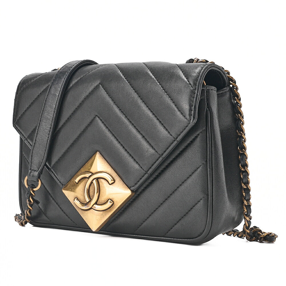 CHANEL Lambskin V-Stitch Chevron Diamond Coco Mark Chain Shoulder Black Gold-Tone Hardware, Pre-Owned