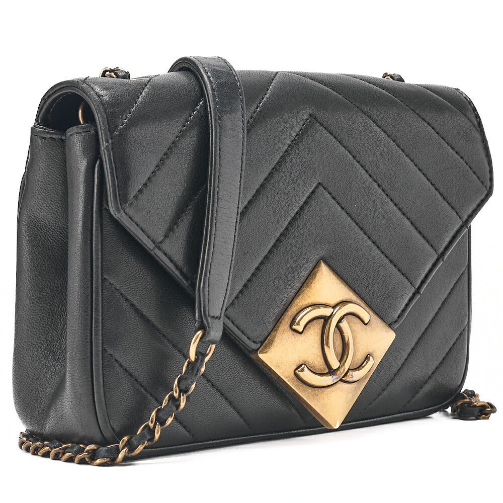 CHANEL Lambskin V-Stitch Chevron Diamond Coco Mark Chain Shoulder Black Gold-Tone Hardware, Pre-Owned