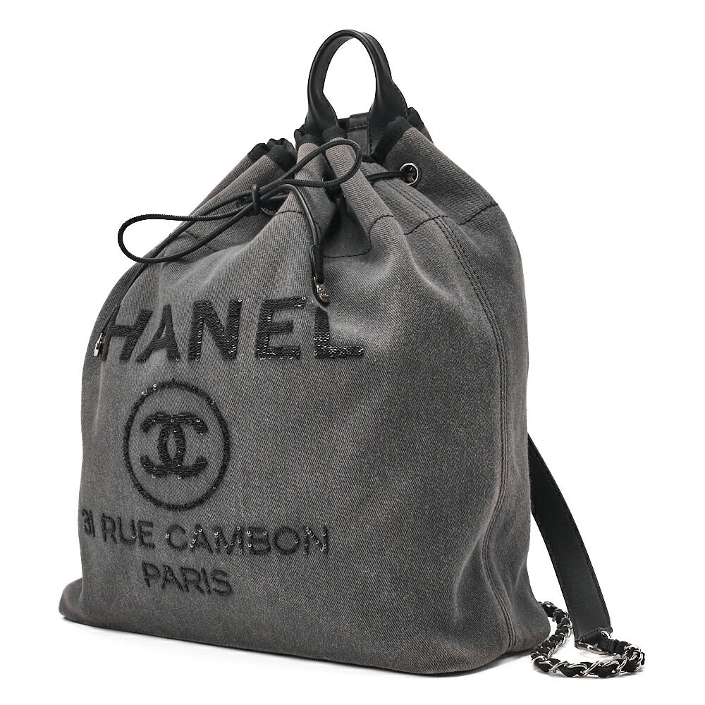 CHANEL Denim Deauville Drawstring Backpack Denim x Black Silver-Tone Hardware, Pre-Owned