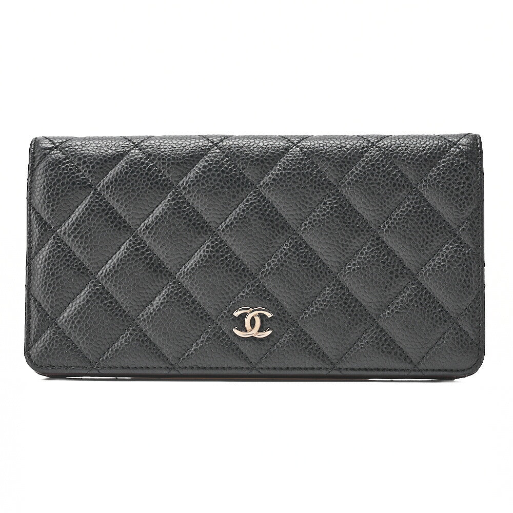 CHANEL Caviar Skin Matelasse Bi-Fold Long Wallet Black Silver-Tone Hardware, Pre-Owned