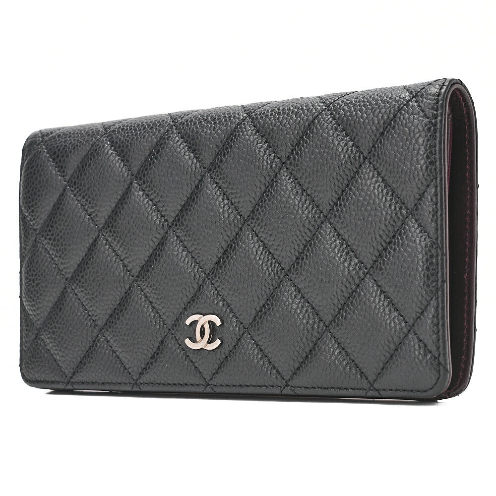 CHANEL Caviar Skin Matelasse Bi-Fold Long Wallet Black Silver-Tone Hardware, Pre-Owned