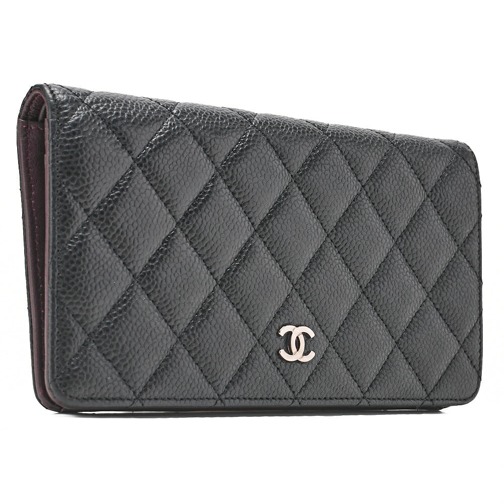 CHANEL Caviar Skin Matelasse Bi-Fold Long Wallet Black Silver-Tone Hardware, Pre-Owned