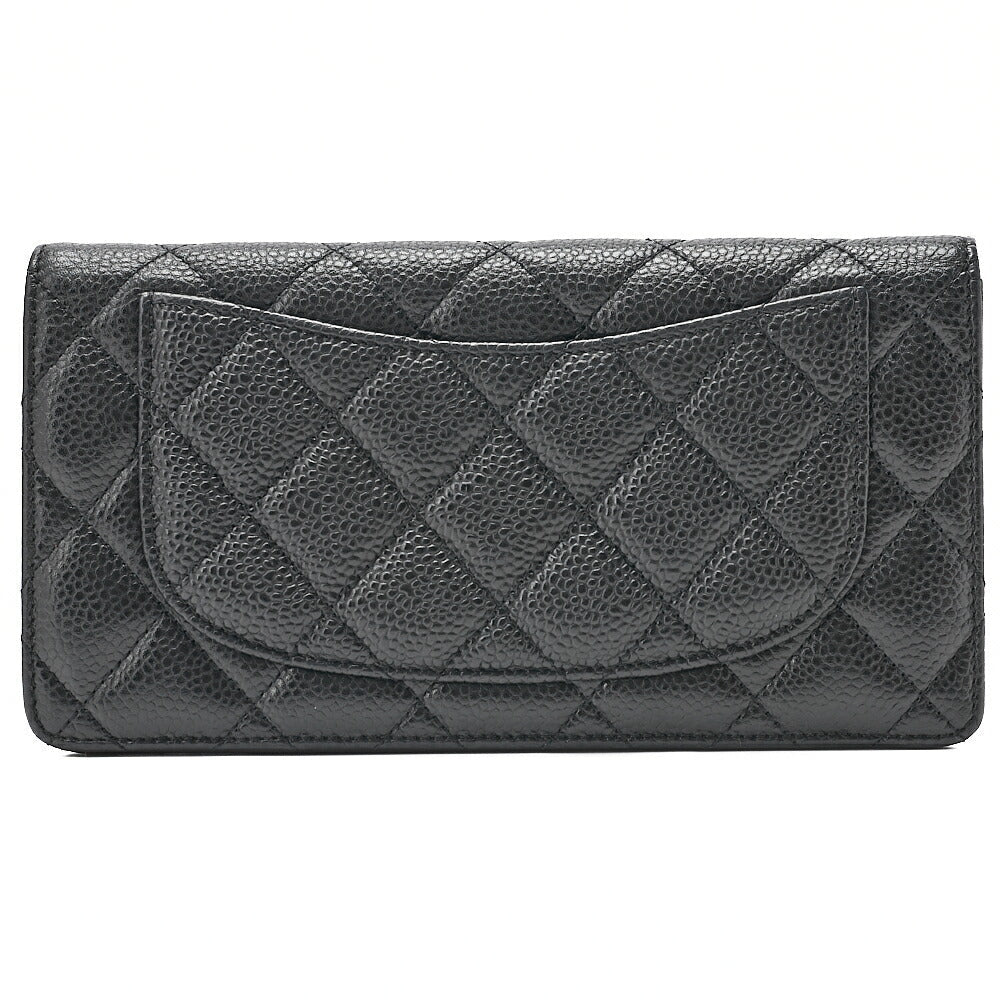 CHANEL Caviar Skin Matelasse Bi-Fold Long Wallet Black Silver-Tone Hardware, Pre-Owned