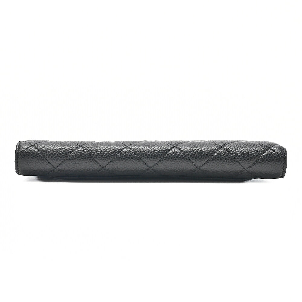 CHANEL Caviar Skin Matelasse Bi-Fold Long Wallet Black Silver-Tone Hardware, Pre-Owned