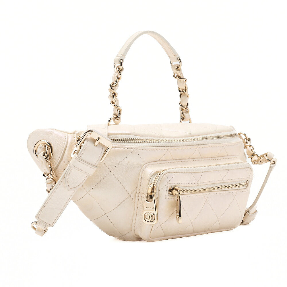 CHANEL Waist Bag 2way Matelasse Lambskin Pearl Ivory Gold-Tone Hardware, Pre-Owned
