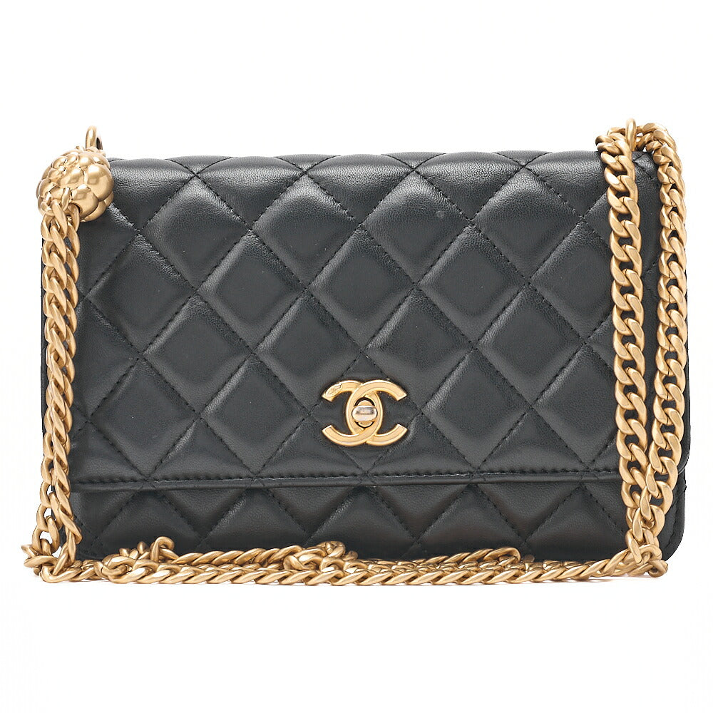 CHANEL Matelasse Camellia Ball Chain Wallet Lambskin Black Gold-Tone Hardware, Pre-Owned