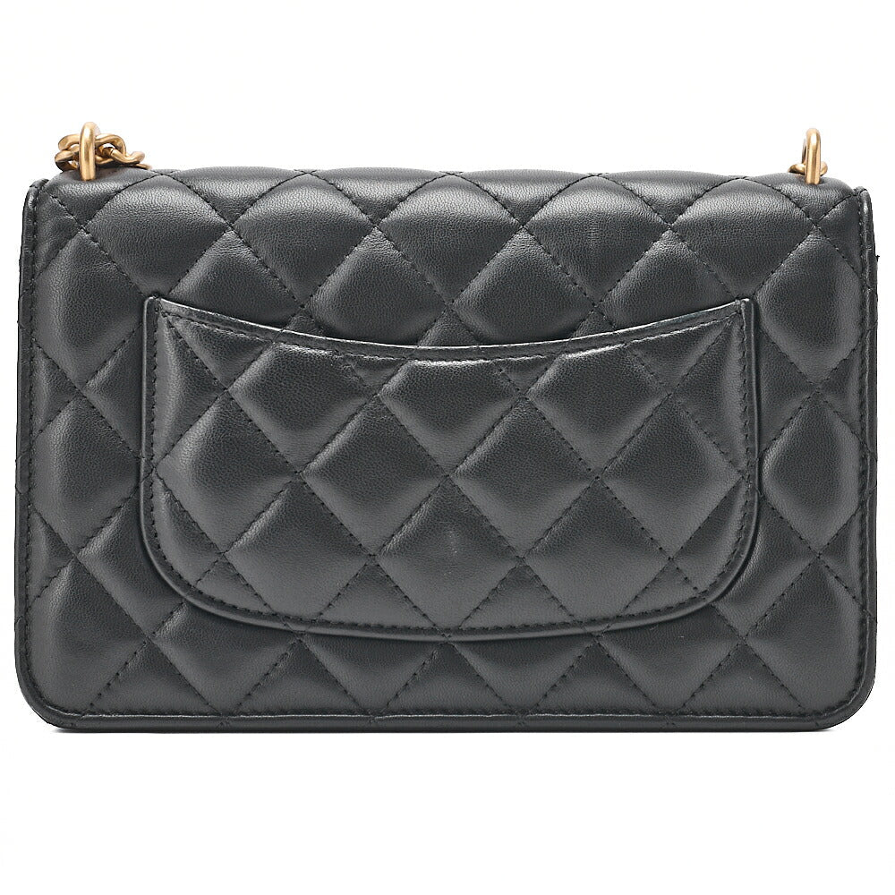 CHANEL Matelasse Camellia Ball Chain Wallet Lambskin Black Gold-Tone Hardware, Pre-Owned