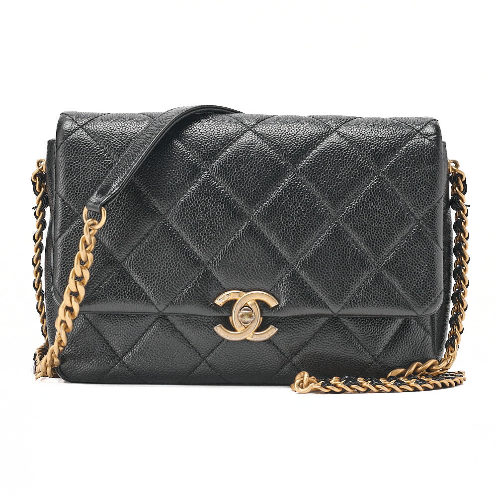 CHANEL Caviar Skin Matelasse Turnlock Chain Shoulder Black Gold-Tone Hardware, Pre-Owned