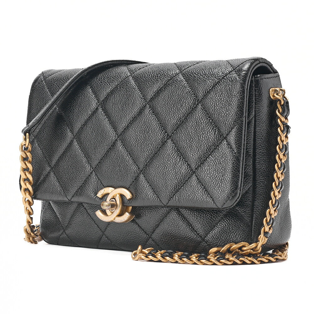 CHANEL Caviar Skin Matelasse Turnlock Chain Shoulder Black Gold-Tone Hardware, Pre-Owned