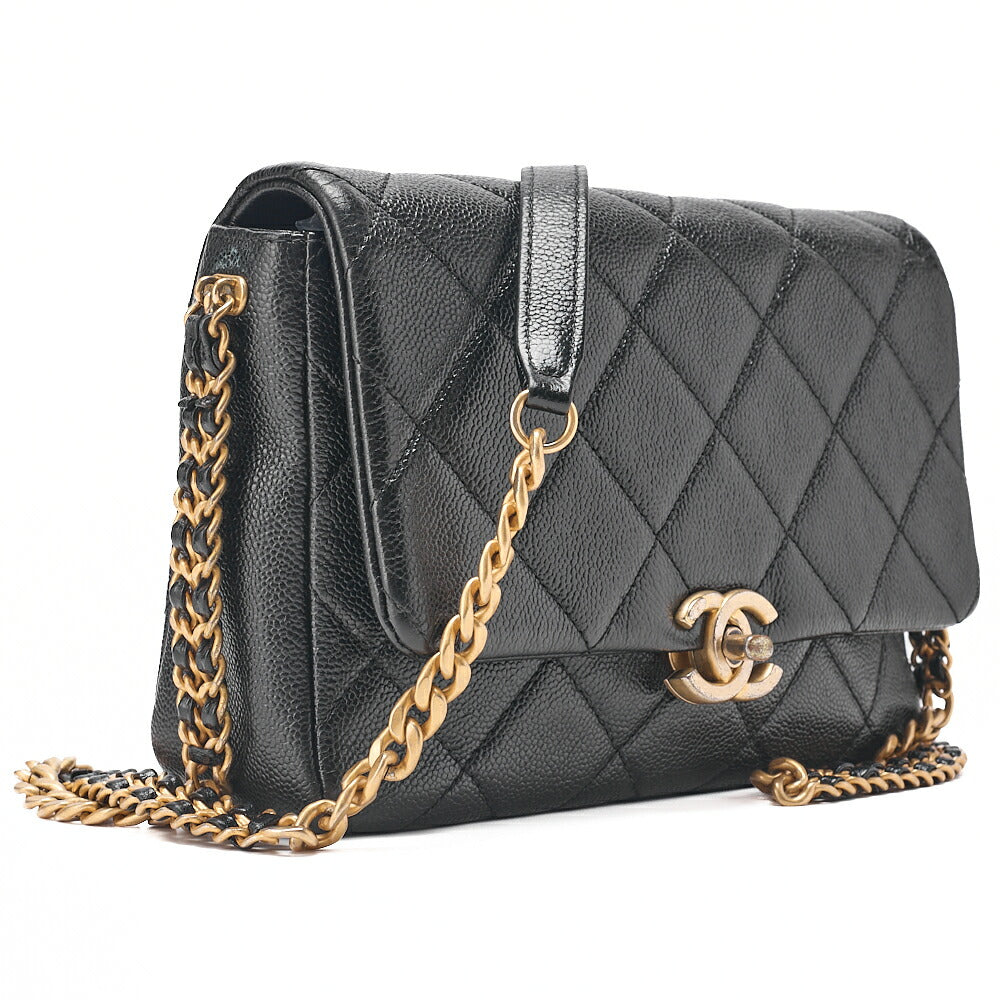 CHANEL Caviar Skin Matelasse Turnlock Chain Shoulder Black Gold-Tone Hardware, Pre-Owned