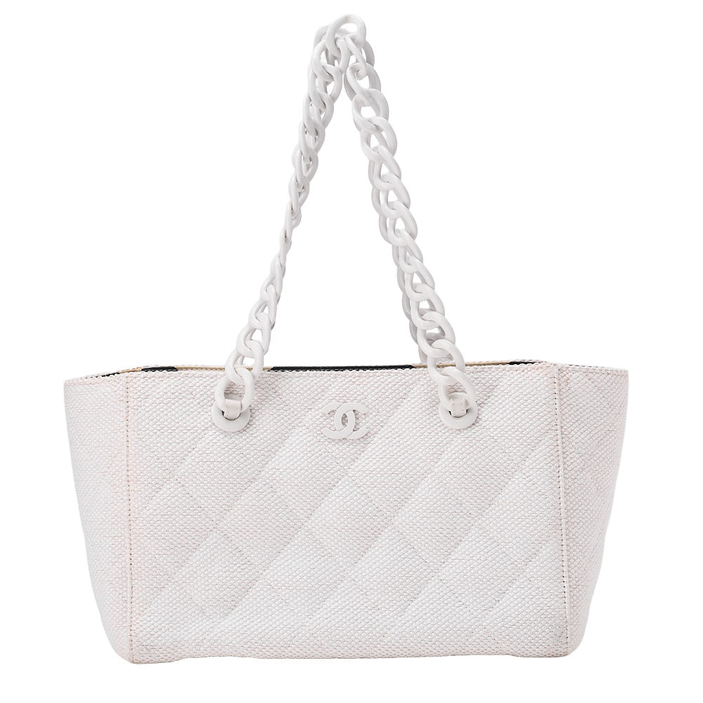 CHANEL Matelasse Coco Mark Chain Tote Straw x Plastic White Gold-Tone Hardware, Pre-Owned