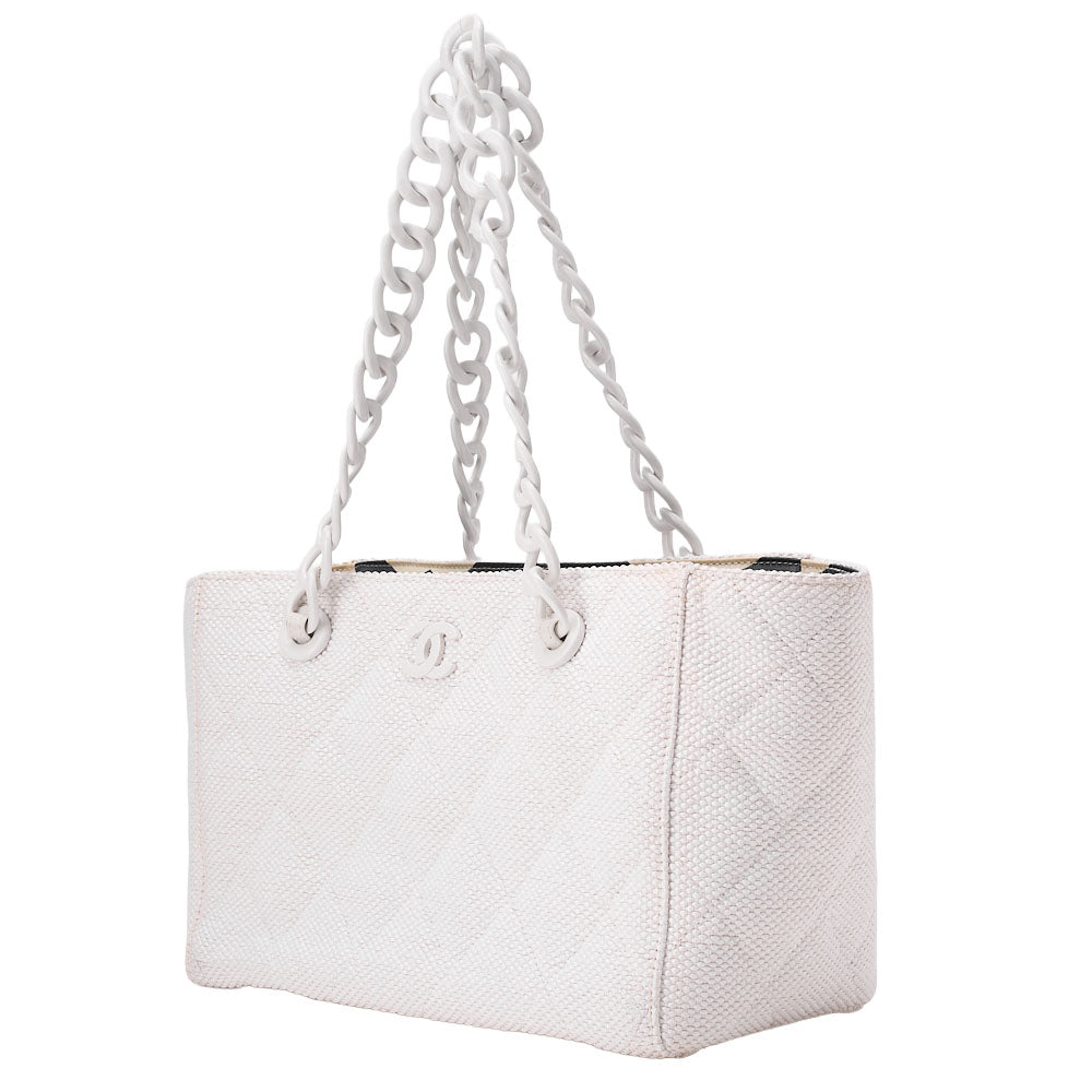 CHANEL Matelasse Coco Mark Chain Tote Straw x Plastic White Gold-Tone Hardware, Pre-Owned