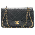 CHANEL Lambskin Matelasse 25cm Double Flap Chain Shoulder Black Gold-Tone Hardware, Pre-Owned