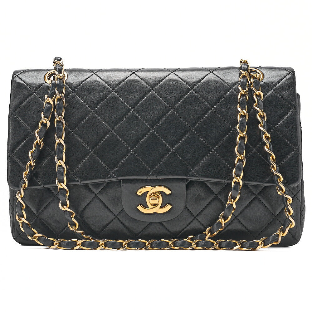CHANEL Lambskin Matelasse 25cm Double Flap Chain Shoulder Black Gold-Tone Hardware, Pre-Owned