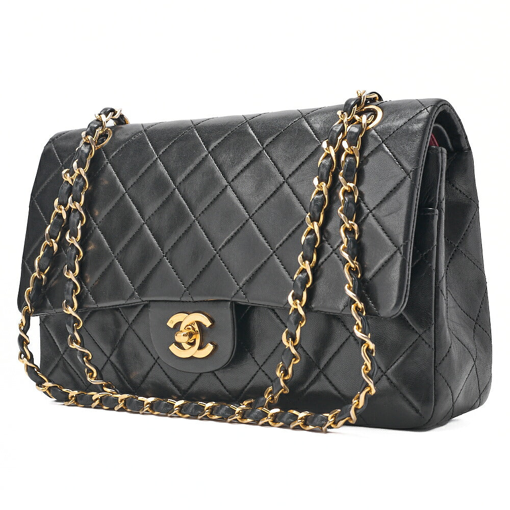 CHANEL Lambskin Matelasse 25cm Double Flap Chain Shoulder Black Gold-Tone Hardware, Pre-Owned