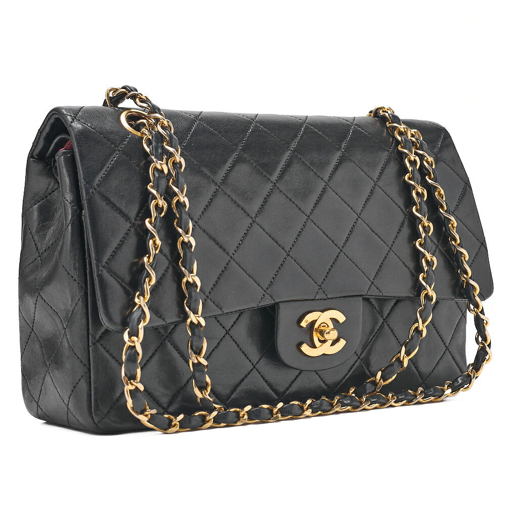 CHANEL Lambskin Matelasse 25cm Double Flap Chain Shoulder Black Gold-Tone Hardware, Pre-Owned