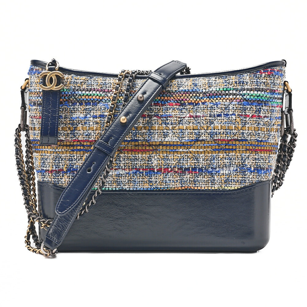 CHANEL Vintage Calf x Tweed Gabrielle de Chanel Chain Shoulder Navy x Multicolor Silver x Gold-Tone Hardware, Pre-Owned