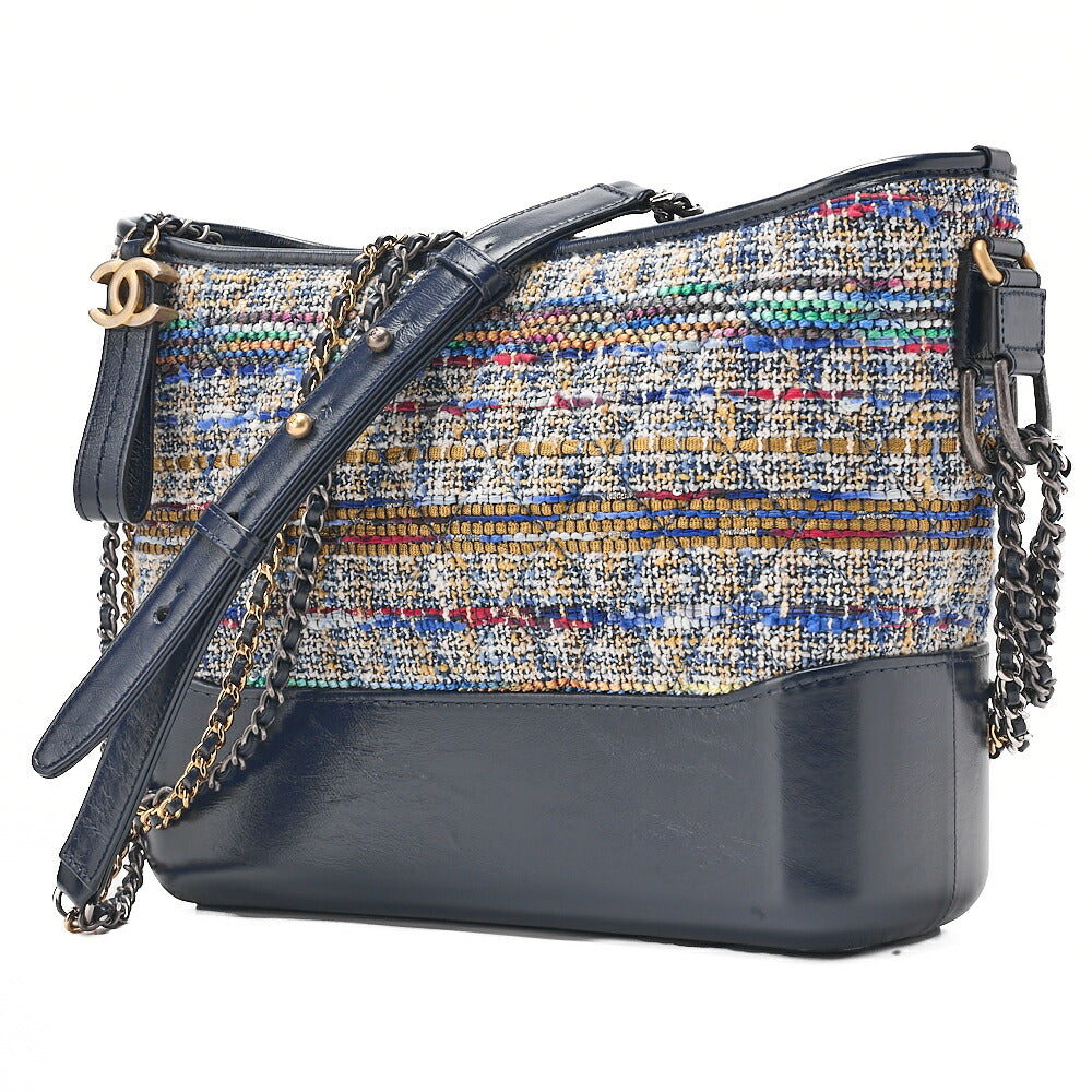 CHANEL Vintage Calf x Tweed Gabrielle de Chanel Chain Shoulder Navy x Multicolor Silver x Gold-Tone Hardware, Pre-Owned