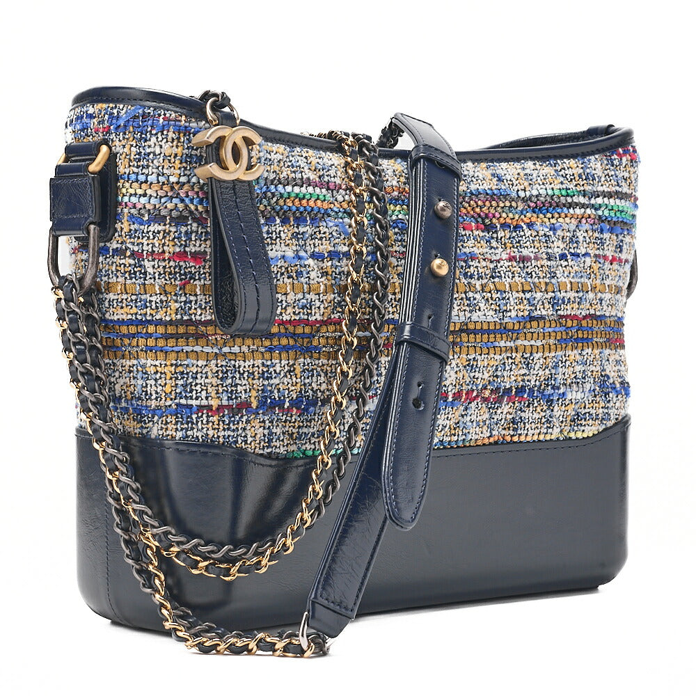 CHANEL Vintage Calf x Tweed Gabrielle de Chanel Chain Shoulder Navy x Multicolor Silver x Gold-Tone Hardware, Pre-Owned