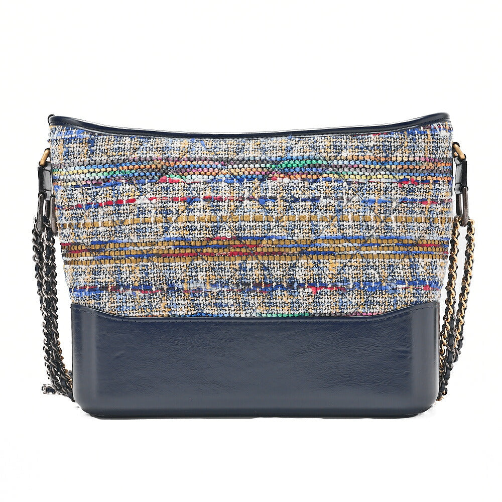 CHANEL Vintage Calf x Tweed Gabrielle de Chanel Chain Shoulder Navy x Multicolor Silver x Gold-Tone Hardware, Pre-Owned