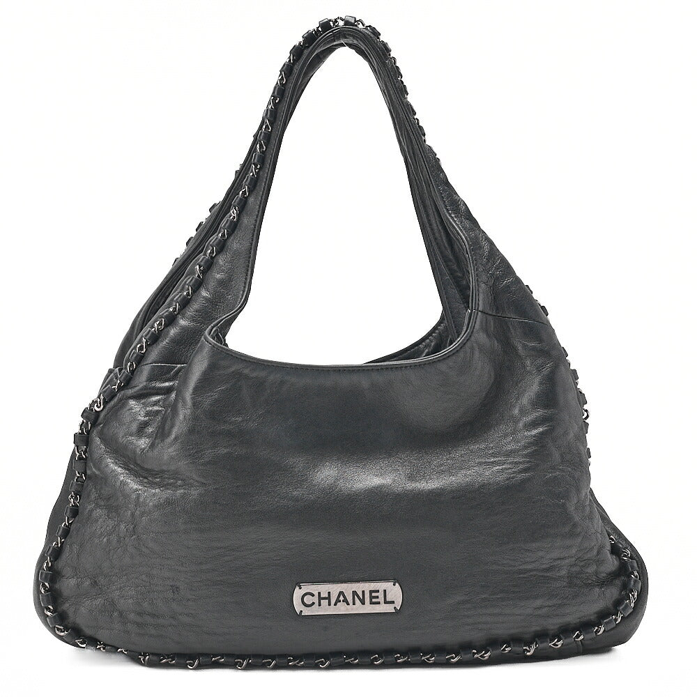 CHANEL Lambskin Luxury Line Logo Plate Shoulder Black Silver-Tone Hardware, Pre-Owned