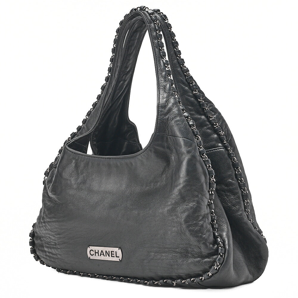 CHANEL Lambskin Luxury Line Logo Plate Shoulder Black Silver-Tone Hardware, Pre-Owned