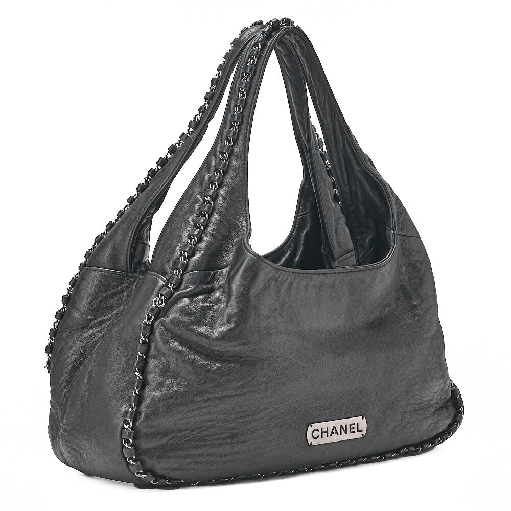 CHANEL Lambskin Luxury Line Logo Plate Shoulder Black Silver-Tone Hardware, Pre-Owned