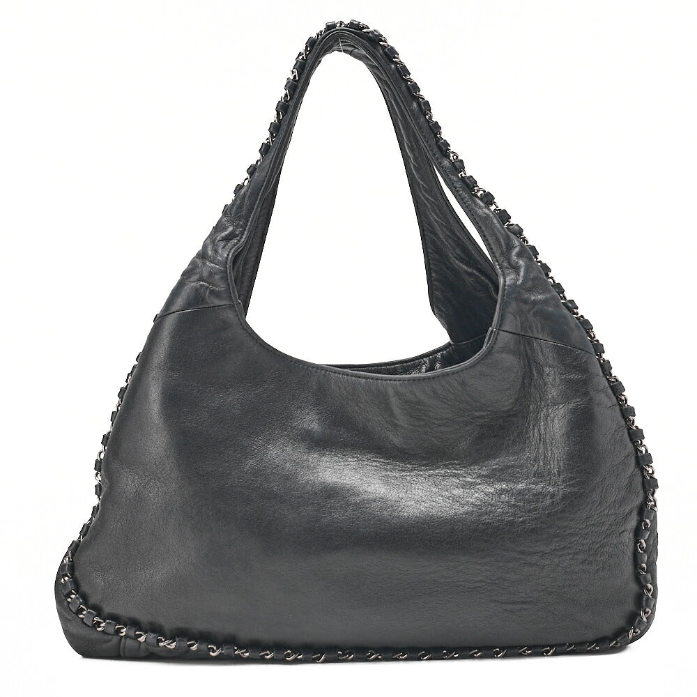 CHANEL Lambskin Luxury Line Logo Plate Shoulder Black Silver-Tone Hardware, Pre-Owned