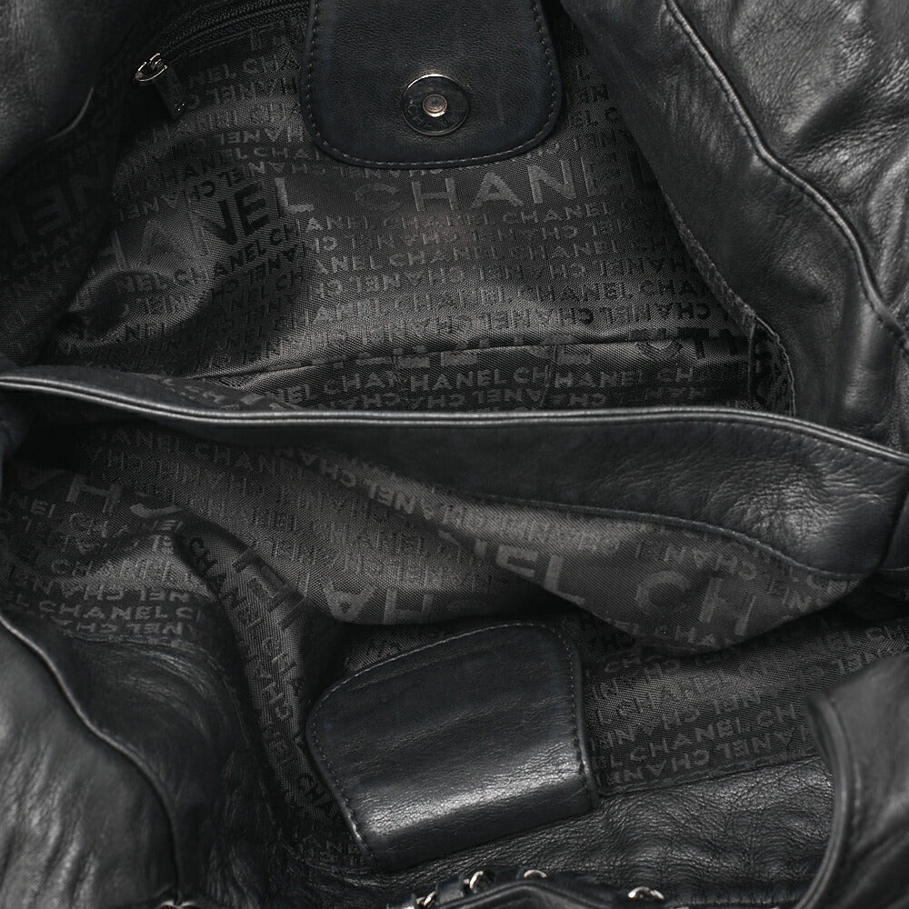 CHANEL Lambskin Luxury Line Logo Plate Shoulder Black Silver-Tone Hardware, Pre-Owned