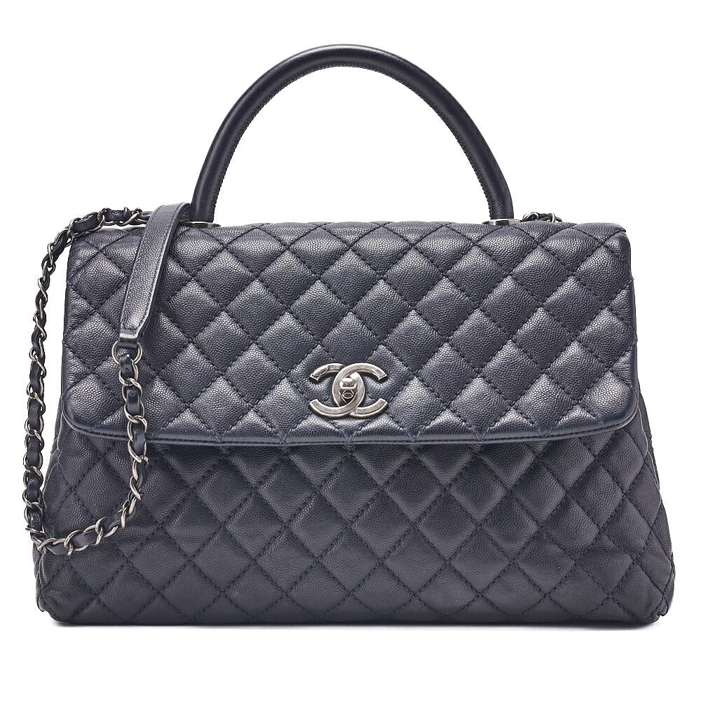CHANEL Shoulder Bag Matelasse Coco Handle 33 2WAY Handbag Caviar Skin Navy Silver-Tone Hardware, Pre-Owned