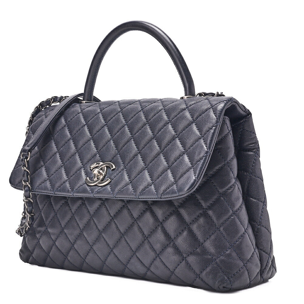 CHANEL Shoulder Bag Matelasse Coco Handle 33 2WAY Handbag Caviar Skin Navy Silver-Tone Hardware, Pre-Owned