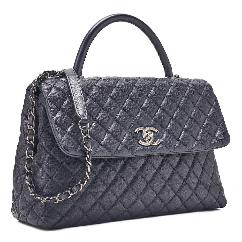 CHANEL Shoulder Bag Matelasse Coco Handle 33 2WAY Handbag Caviar Skin Navy Silver-Tone Hardware, Pre-Owned