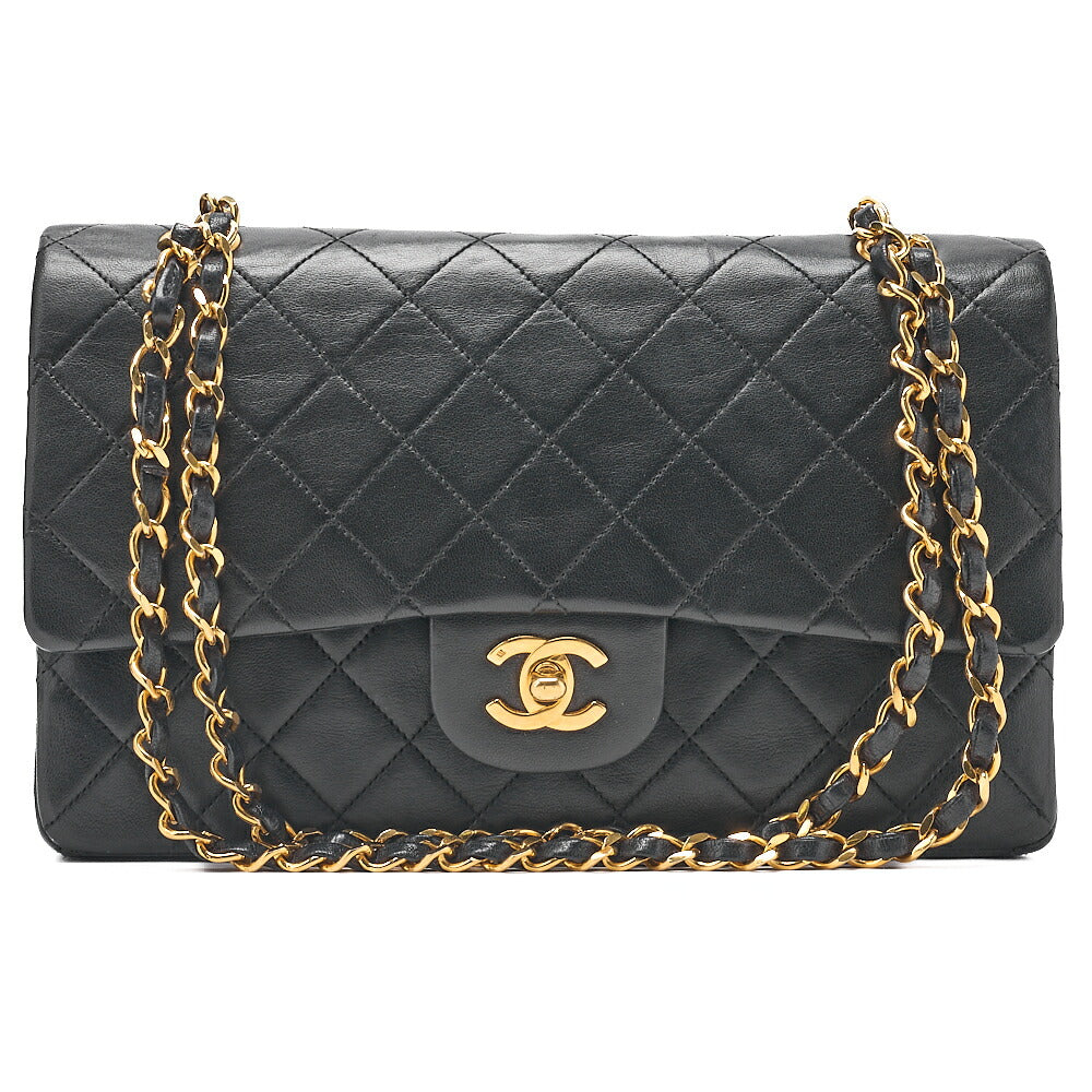 CHANEL Lambskin Matelasse 25cm Double Flap Chain Shoulder Black Gold-Tone Hardware, Pre-Owned