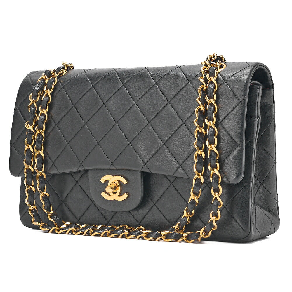 CHANEL Lambskin Matelasse 25cm Double Flap Chain Shoulder Black Gold-Tone Hardware, Pre-Owned