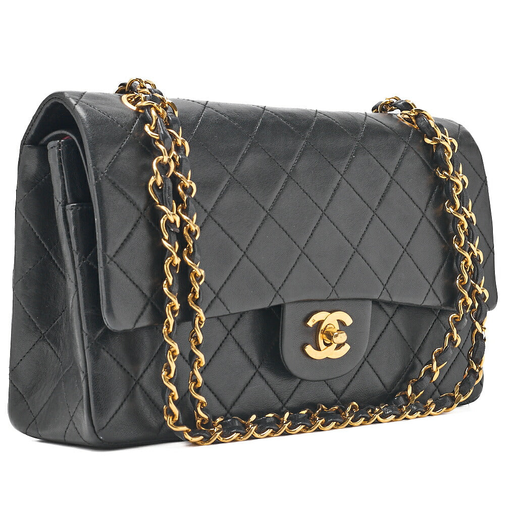 CHANEL Lambskin Matelasse 25cm Double Flap Chain Shoulder Black Gold-Tone Hardware, Pre-Owned