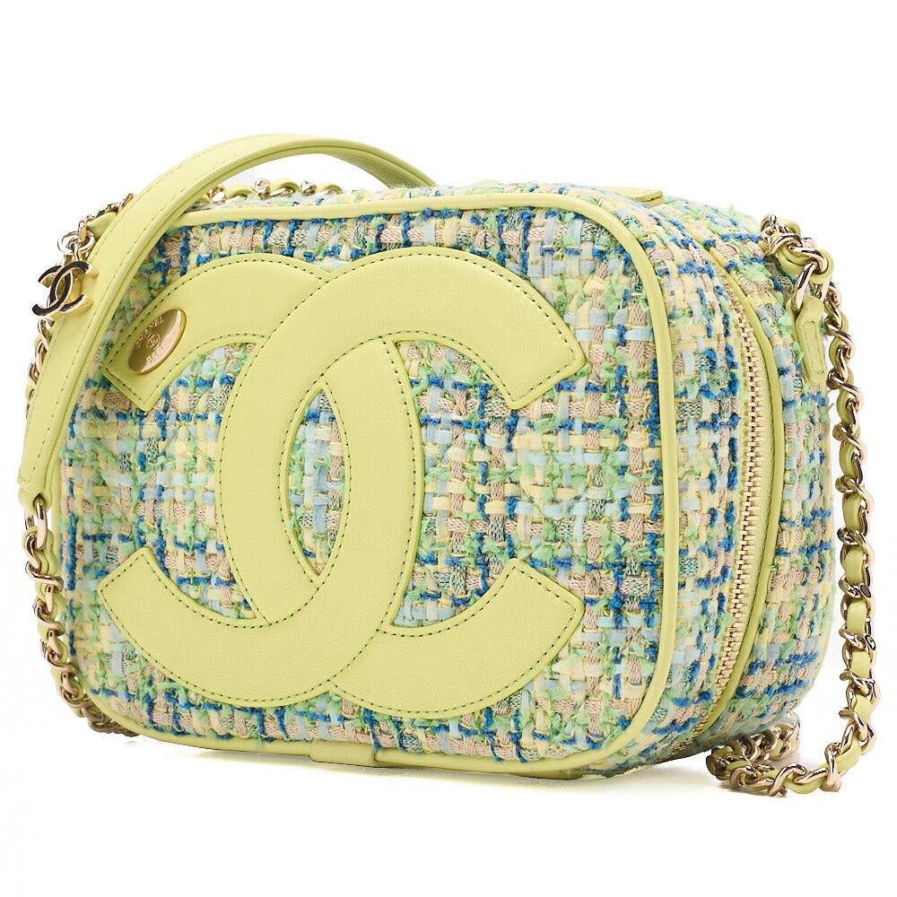 CHANEL Tweed x Lambskin Coco Mark Chain Shoulder Yellow-Green Multicolor Gold-Tone Hardware, Pre-Owned