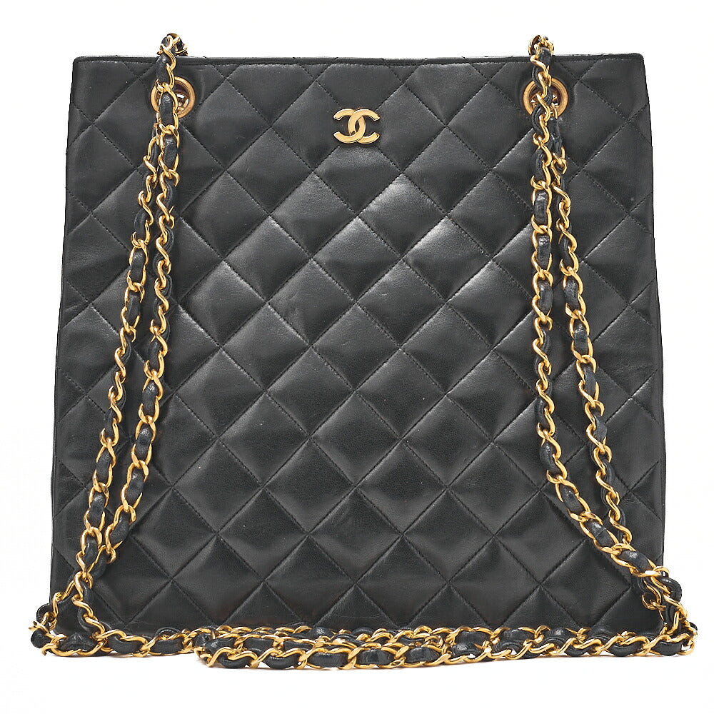 CHANEL Lambskin Matelasse Coco Mark Square W Chain Shoulder Black Gold-Tone Hardware, Pre-Owned