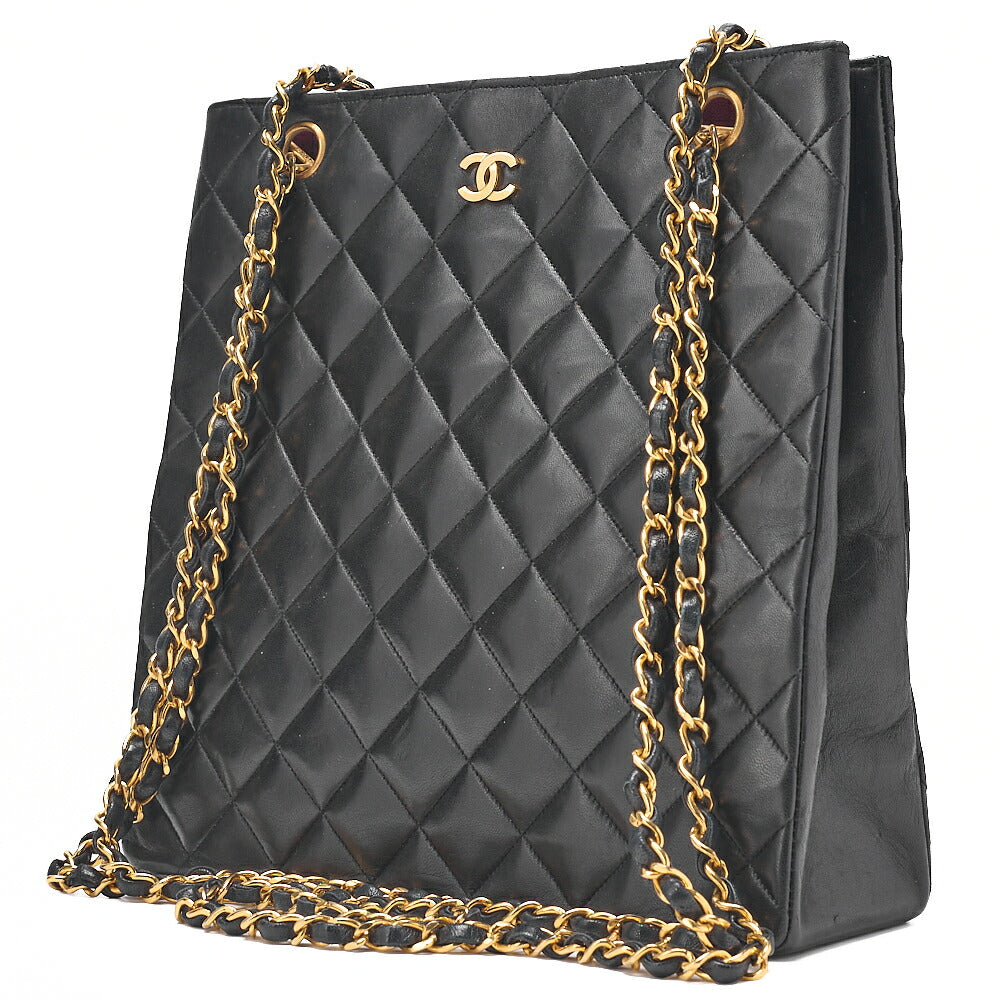 CHANEL Lambskin Matelasse Coco Mark Square W Chain Shoulder Black Gold-Tone Hardware, Pre-Owned