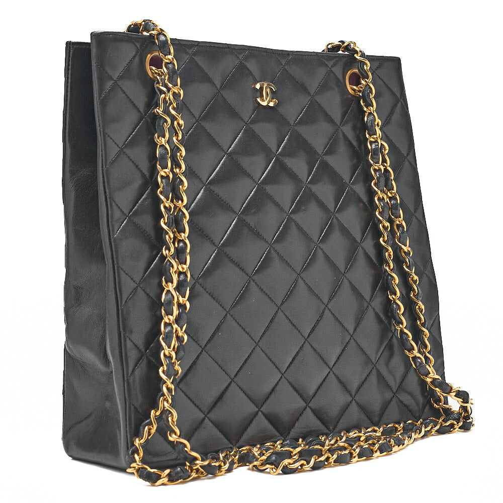 CHANEL Lambskin Matelasse Coco Mark Square W Chain Shoulder Black Gold-Tone Hardware, Pre-Owned