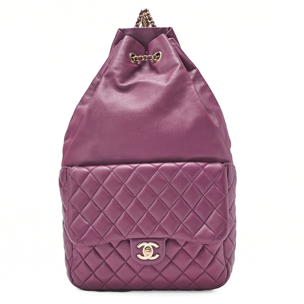 CHANEL Lambskin Matelasse Turnlock Drawstring Backpack Purple Gold-Tone Hardware, Pre-Owned
