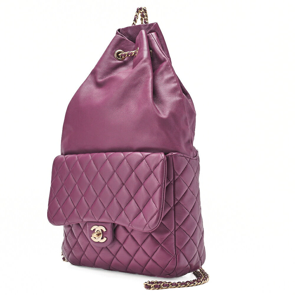 CHANEL Lambskin Matelasse Turnlock Drawstring Backpack Purple Gold-Tone Hardware, Pre-Owned