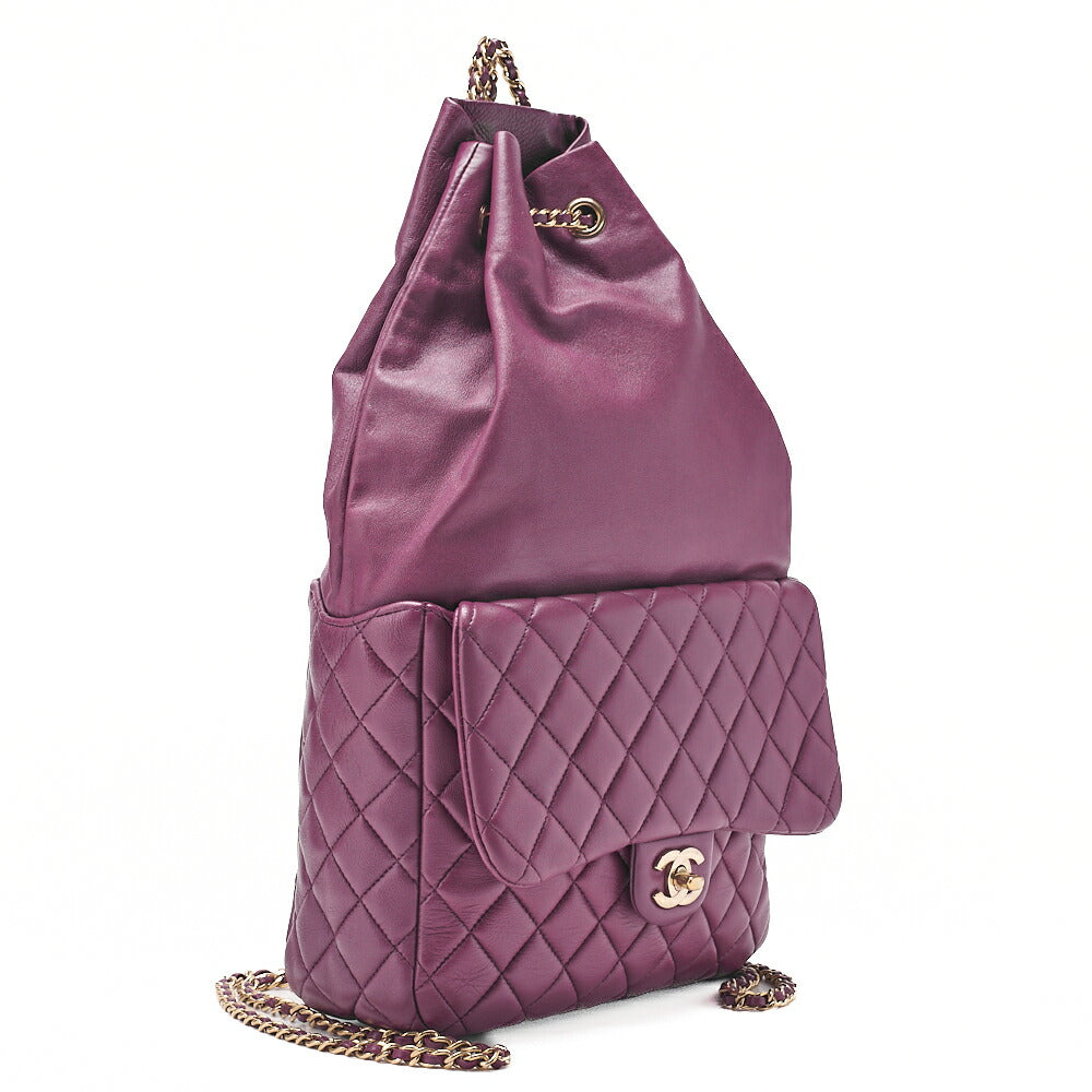 CHANEL Lambskin Matelasse Turnlock Drawstring Backpack Purple Gold-Tone Hardware, Pre-Owned