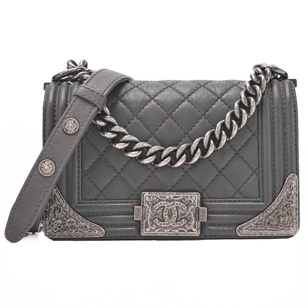 CHANEL Calfskin Matelasse Boy Chanel 20 Chain Shoulder Gray Silver-Tone Hardware, Pre-Owned